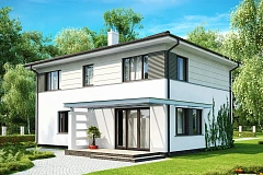 Практичный двухэтажный дом простой формы&nbsp;&nbsp;с низкой крышей, с гаражом для двух автомобилей.