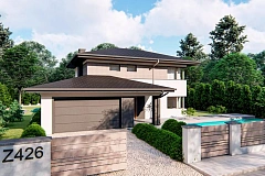 Двухэтажный дом с многоскатной крышей, гараж на 2 машины, большая гостиная