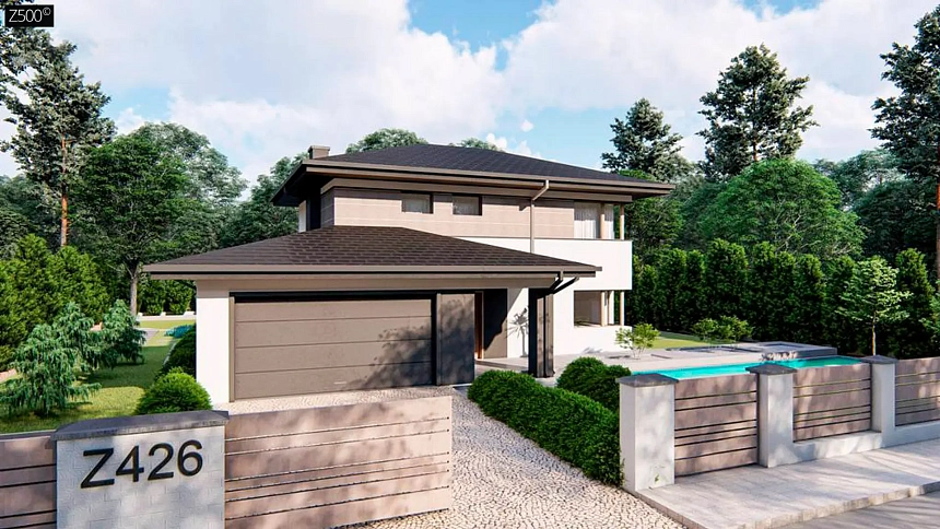 Двухэтажный дом с многоскатной крышей, гараж на 2 машины, большая гостиная