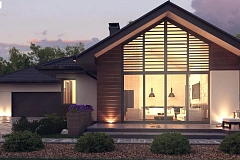 Стильный одноэтажный дом с панорамным остеклением в гостиной