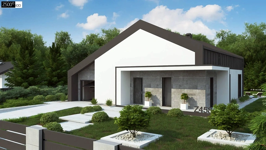 Современный одноэтажный дом с двускатной крышей и большой террасой