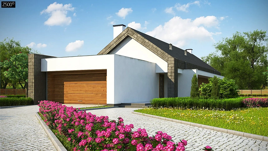 Современный дом с двускатной крышей на узком участке