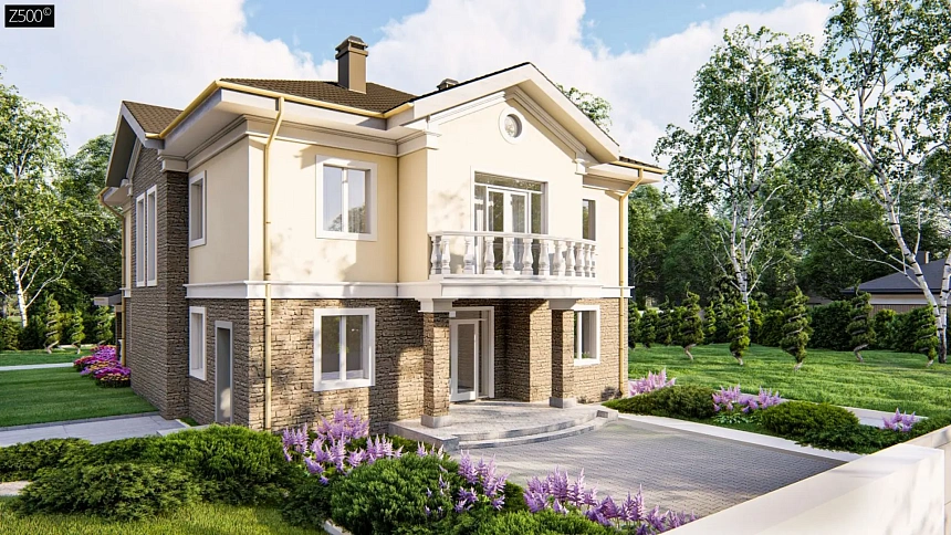 Элегантный двухэтажный классический дом с балконом