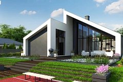 Современный дом с просторной гостиной и большим остеклением