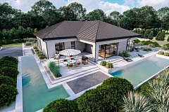 Одноэтажный современный проект дома с многоскатной крышей и гаражом на две машины.