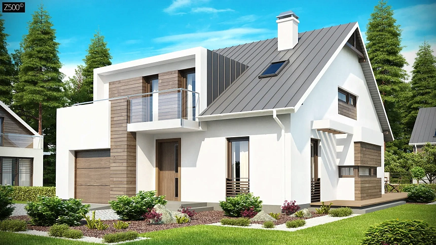 Стильный комфортный дом современного дизайна со встроенным гаражом.