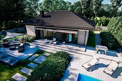 Компактный одноэтажный дом на фасаде с камнем и плитами.