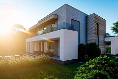 Современный двухэтажный дом с плоской крышей и гаражом на 2 машины.