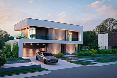 Современный двухэтажный дом с плоской кровлей и панорамным остеклением