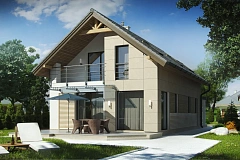 Дом простой формы с двускатной кровлей, с террасой над гаражом, также для узкого участка.