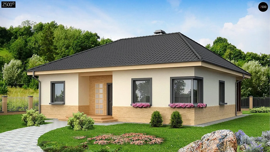 Вариант одноэтажного дома с 4-х скатной кровлей и подвалом