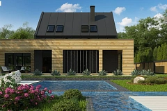 Современный дом с 2-х скатной кровлей, окруженный террасой с плоской крышей.