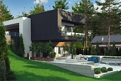 Проект современного двухэтажного дома. Проект подойдет для строительства на участке со склоном.