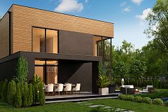 Проект современного двухэтажного дома с вторым светом и большой площадью остекления.