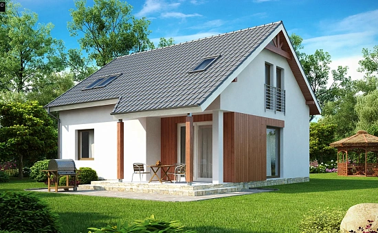 Простой и экономичный дом с мансардой и дополнительной комнатой на первом этаже.