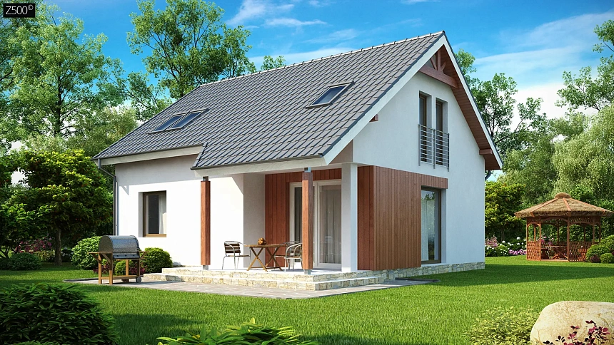 Простой и экономичный дом с мансардой и дополнительной комнатой на первом этаже.