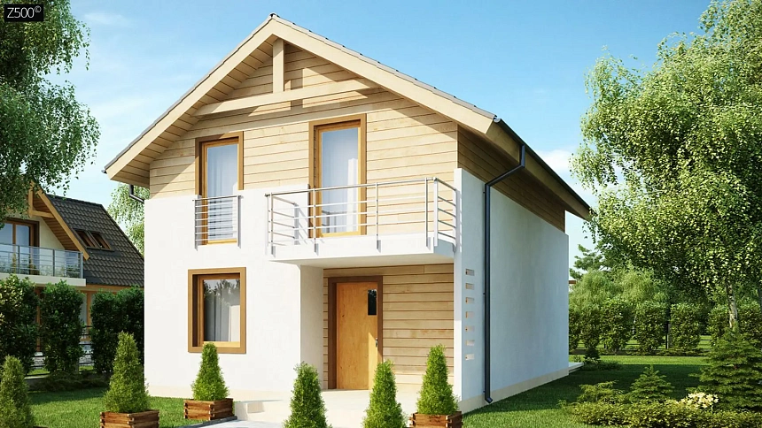 Проект компактного аккуратного дома с мансардным этажом, адаптированный для каркасного строительства.