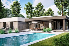 Современный одноэтажный дом с внешним камином