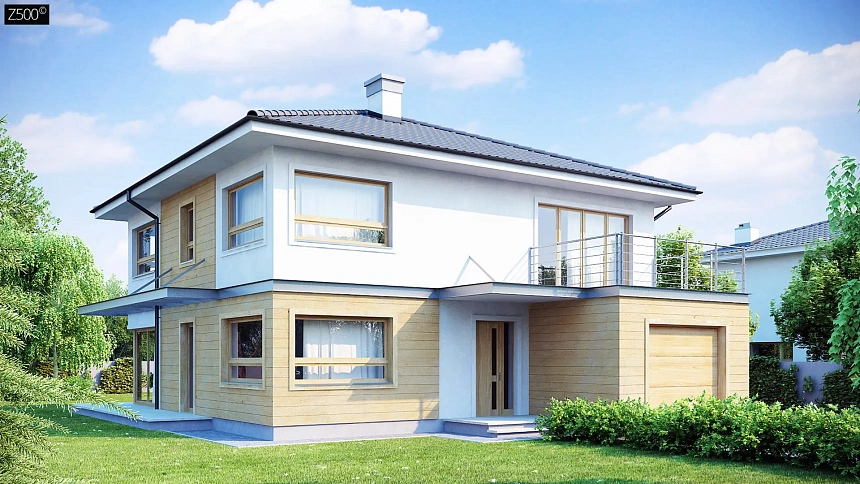 Просторный двухэтажный дом с удлиненным гаражом для двух автомобилей