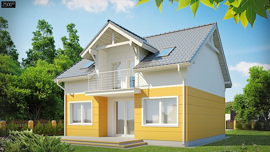 Стильный дом с мансардным окном и балконом, а также кухней со стороны сада.