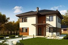 Проект современного двухэтажного дома с двумя комнатами на первом этаже.