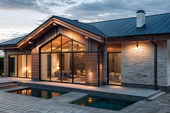 Одноэтажный дом со вторым светом и навесом, для автомобилей.