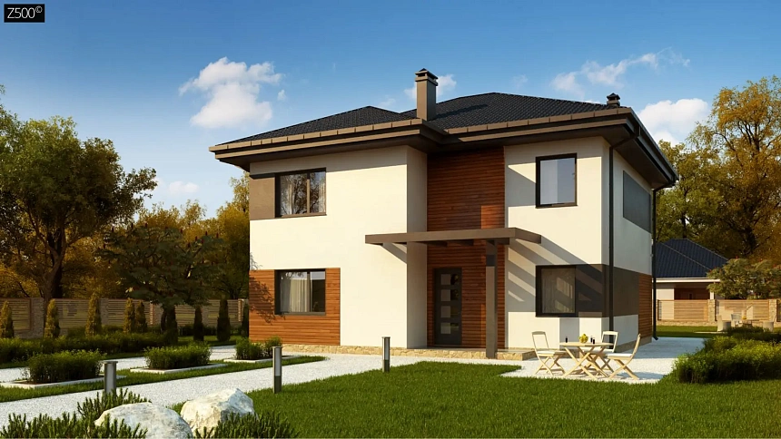 Проект современного двухэтажного дома с двумя комнатами на первом этаже.