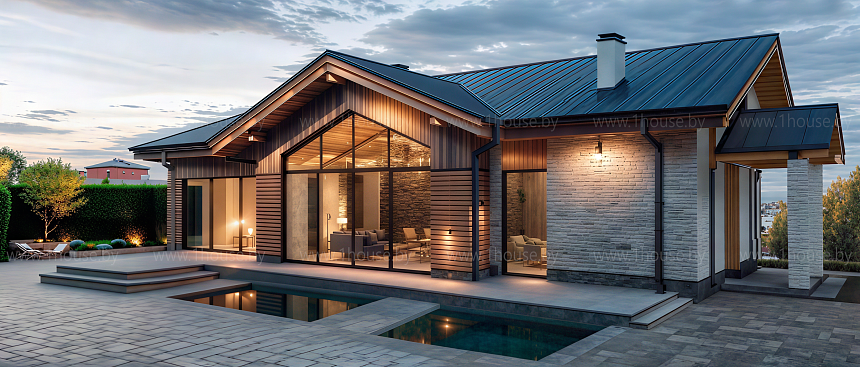 Одноэтажный дом со вторым светом и навесом, для автомобилей.