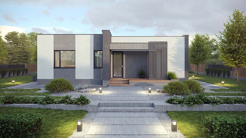 Одноэтажный дом с плоской крышей и 3-мя спальнями.