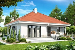 Проект компактного и функционального одноэтажного дома с фронтальным расположением дневной зоны.