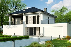 Коттедж в современном стиле с гаражом на две машины и террасой на втором этаже