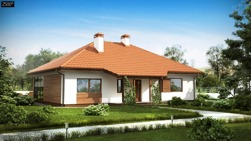 Одноэтажный дом с крытой террасой и оранжереей, электрический котел