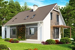 Проект дома с гостиной со стороны входа, боковой террасой&nbsp;&nbsp;и дополнительной спальней на первом этаже.