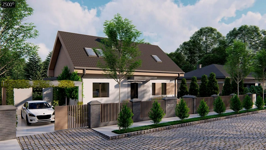 Дом с мансардой, двускатной кровлей и современным фасадом