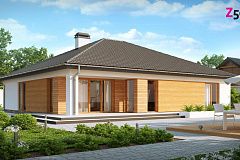 Комфортный одноэтажный дом с выступающим фронтальным гаражом для двух машин.