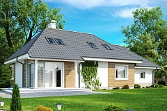 Комфортный дом с кабинетом на первом этаже и угловыми окнами в дневной зоне.