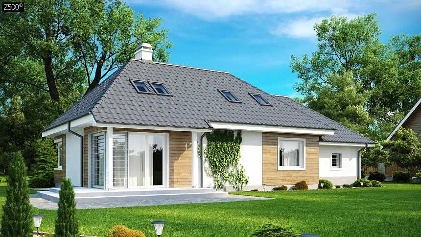 Комфортный дом с кабинетом на первом этаже и угловыми окнами в дневной зоне.