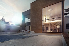 Современный двухэтажный дом с большой площадью остекления.