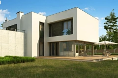 Современный двухэтажный дом с просторной террасой и гаражом на две машины.