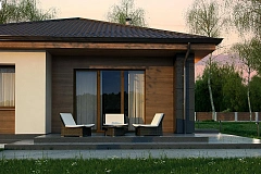 Одноэтажный дом с четырехскатной кровлей и оригинальным экстерьером.