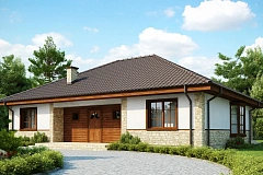 Одноэтажный дом с многоскатной кровлей, эркером и камином на террасе.