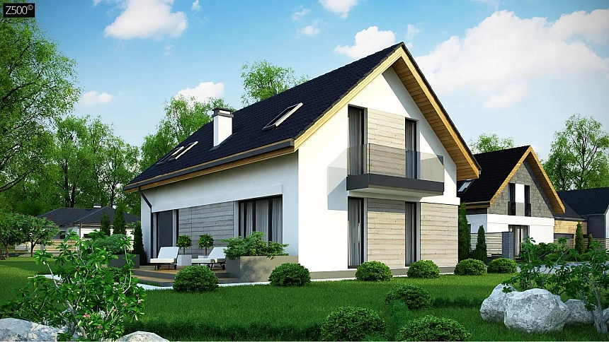 Проект мансардного коттеджа с функциональной планировкой помещений и гаражом для одной машины.