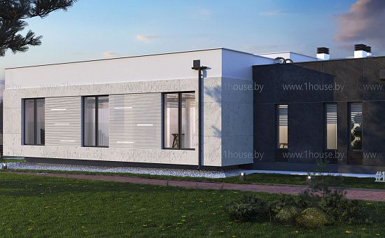 Современный дом с плоской кровлей и консольно вынесенными стенами. 