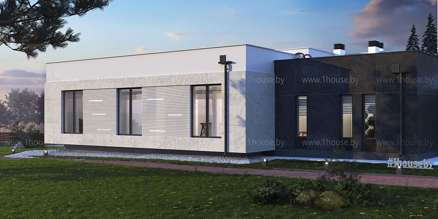 Современный дом с плоской кровлей и консольно вынесенными стенами. 