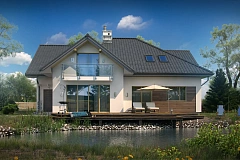 Просторный дом с большими фасадными окнами, с гаражом для двух автомобилей.