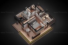 Одноэтажный дом с плоской кровлей и 2умя спальнями.