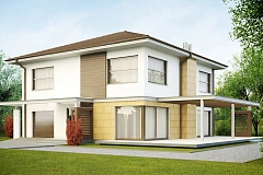 Двухэтажный дом простой формы со вторым светом над гостиной и встроенным гаражом.