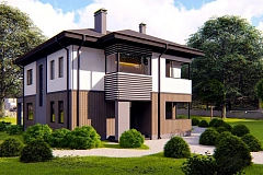 Проект двухэтажного просторного дома с панорамными окнами и камином.