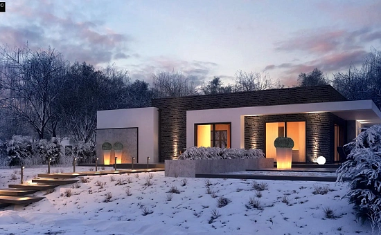 Проект современного одноэтажного дома с интересной планировкой и гаражом для одной машины.