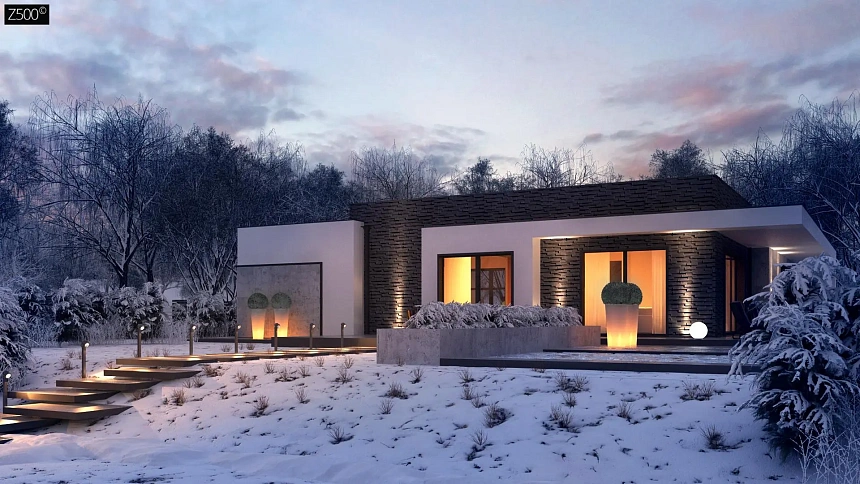 Проект современного одноэтажного дома с интересной планировкой и гаражом для одной машины.